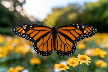 Fototapeta premium Monarch butterfly resting on yellow flowers in a garden.