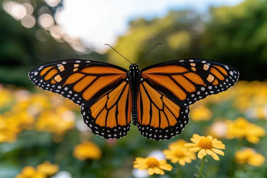Monarch butterfly resting on yellow flowers in a garden.