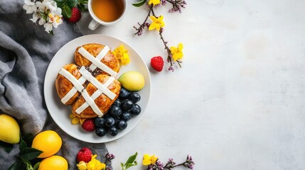 Minimalist Easter brunch table with a plate of hot cross buns, fresh fruit, and a cup of tea, set against a neutral background.
