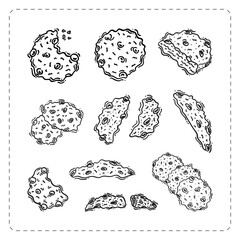 chocolate chip cookies icon, hand drawn chocolate cookies icon, doodle cookies icon set