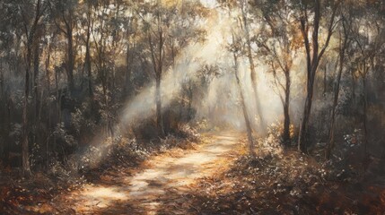Obraz premium Soft rays of sunlight breaking through a forest canopy, illuminating a path covered in fallen leaves, symbolizing spiritual reflection and Easter peace.