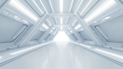 Obraz premium 3D Render of White Futuristic Interior with Triangular Shape and Long Corridor, Minimalistic Sci-Fi Scene. Low-Angle View with Symmetrical Composition, Bright Lighting on White Background. 