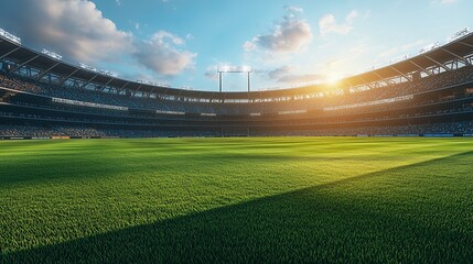 Sunset over a full stadium; green field; game prep