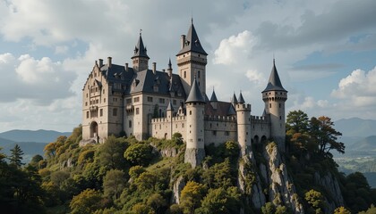 Majestic castle hill aerial fantasy landscape