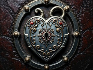 Naklejka premium Engraved metallic medieval heart lock with intricate red and gold details in a regal, ancient setting on a dark, richly textured surface, regal, background, ancient