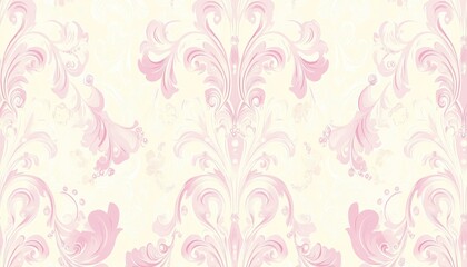 Delicate Pink Floral Damask Pattern On Cream Background In Elegant Vintage Style. Design featuring a floral damask pattern. Pink and cream color palette. Perfect for wallpaper, textiles, or interior
