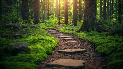 Obraz premium Serene Forest Pathway Under Soft Sunlight