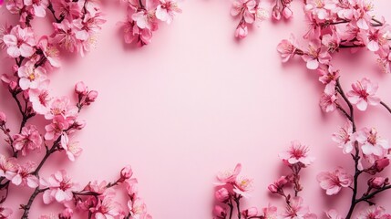Fototapeta premium Delicate Cherry Blossom Flowers Frame on Soft Pink Background for Spring and Nature Themes