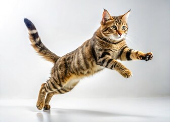 Stunning high-resolution panoramic: playful kitten's breathtaking jump against a pristine white background.