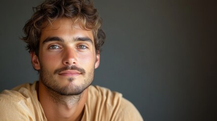 Fototapeta premium Portrait of a Young Man with Short Hair and Blue Eyes Smiling Against a Dark Background