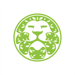 Abstract lion head green leaf hair inside circle illustration logo design