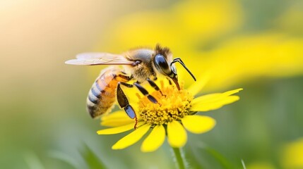 Bee On Yellow Flower In Summer Garden