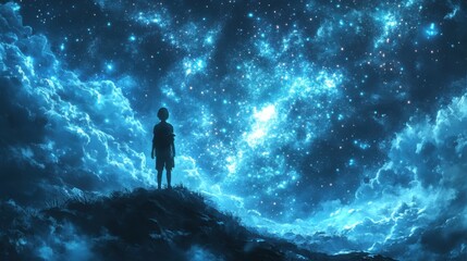 Obraz premium Child Standing on a Hill Gazing at a Starry Night Sky Filled with Blue Clouds and Shimmering Stars