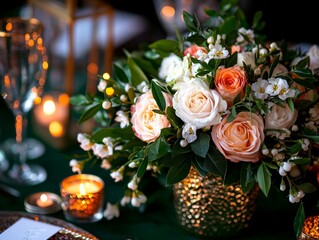 Fototapeta premium beautiful floral arrangement featuring fresh jasmine and roses in golden vase creates festive atmosphere. Surrounded candles and lanterns it enhances decor for Eid festivities.