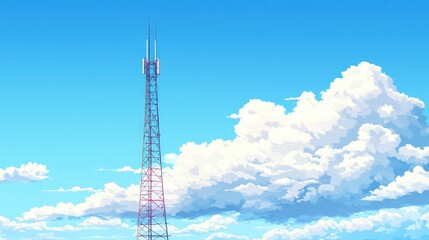 Tall communication tower against a vibrant blue sky with fluffy white clouds.