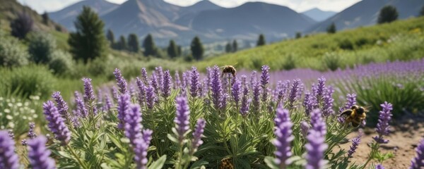 Obraz premium Abeja recolectando polen en la flor de lavanda en un campo rodeado de montañas verdes y un cielo nublado , polen, naturaleza, abeja