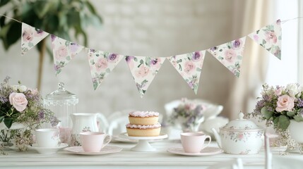 Beautiful Afternoon Tea Setting with Floral Bunting, Vintage Tableware, and Freshly Baked Pastries