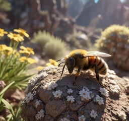 Abeille perch?e sur la corolle de l'artichaut avec ses pattes repli?es, rest, green