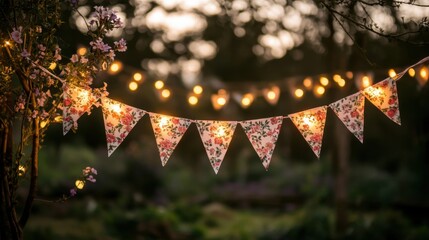 Charming Garden Decor with Colorful Bunting and Warm String Lights for Outdoor Celebration Evenings
