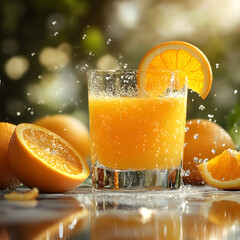 Bright orange juice splashes in a glass surrounded by fresh oranges on a sunny day