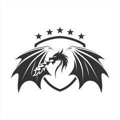 Winged dragon emits 5 star defense fire illustration logo design