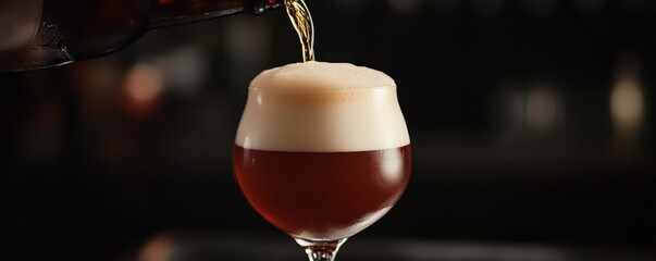 Pouring a glass of dark craft beer with frothy head against blurred background. Beverage and relaxation concept