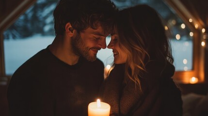Couple embracing romantically by candlelight in a cozy cabin.