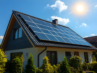 Fototapeta premium A house showcases solar panels on its roof while surrounded by greenery and bright sunshine