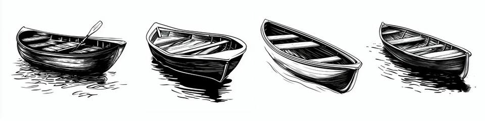 Vintage Black and White Nautical Boat Set Collection Illustration: Hand-Drawn Rowboats and Canoes on Water for Maritime Artwork