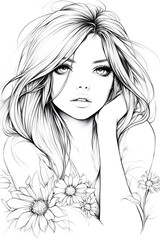 Fototapeta premium A woman with long blonde hair and a flowery background. She is looking at the camera with a smile