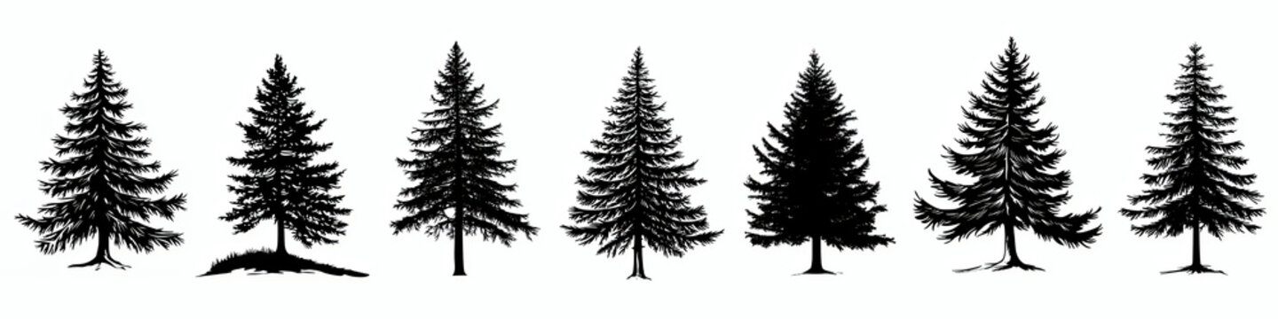 Vector Silhouette Set of Evergreen Pine Tree in Forest Landscape - Nature & Seasonal Design Illustration