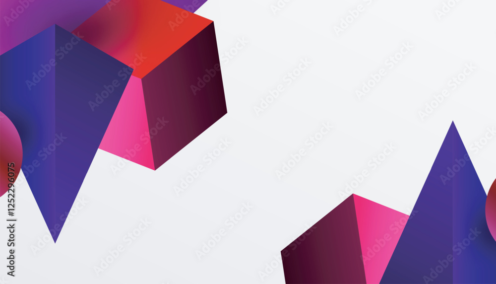 Poster abstract design showcasing isometric cubes, pyramids, squares, and spheres in a vibrant 3d layout. m