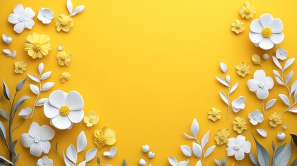 White and yellow paper flowers on yellow background.