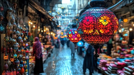 Obraz premium Vibrant Bazaar Lights: A Colorful Night Market Scene