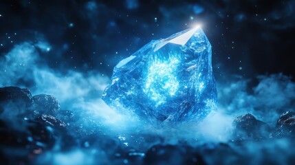 Obraz premium Sparkling Blue Crystal Surrounded by Mist and Glimmering Lights in a Fantasy Landscape