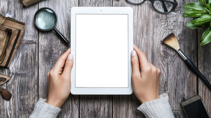 Tablet mockup. An archaeologist woman holds a tablet with a white screen in her hands, top view, close-up. The tablet is lying on a wooden table next to a magnifying glass, a brush, glasses
