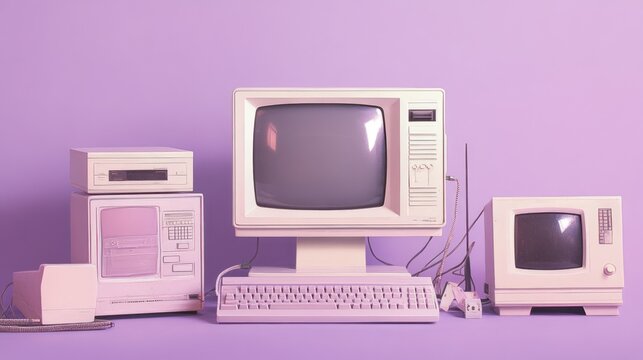 Retro computer setup on purple background.