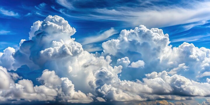 Stunning outdoor image: a high-depth-of-field cloudscape, beautiful white cloud formations against a vibrant blue sky.