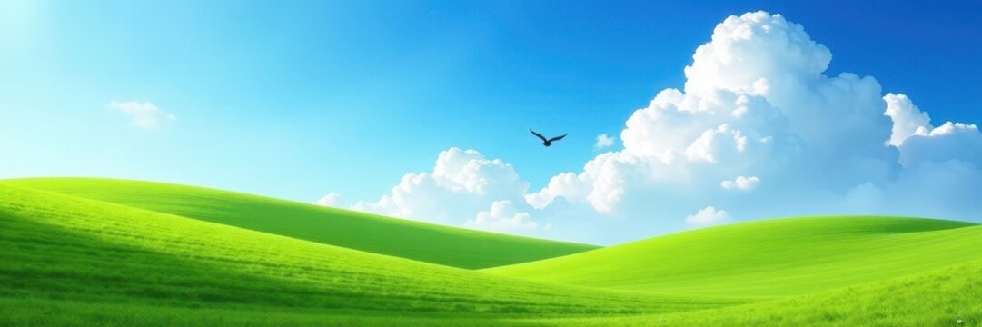 A bright blue sky with puffy white clouds and a lone bird soaring high above the rolling hills of a green meadow, clouds, scenic views