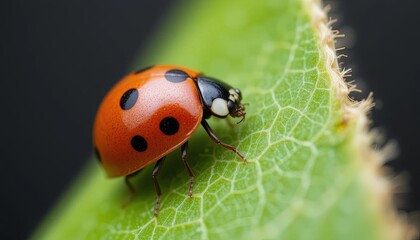 Fototapeta premium Ladybug crawling on leaf nature macro photography close-up gigapixel cgi