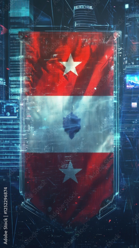 Poster digital artistic representation of a flag with red and white stripes and star symbolswith various el