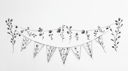 Delicate Hand-Drawn Floral Bunting with Leaves and Flowers for Elegant Decoration and Rustic Parties