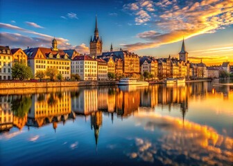 Fototapeta premium Stunning riverfront architecture defines this breathtaking city, its panorama bathed in blue sky.