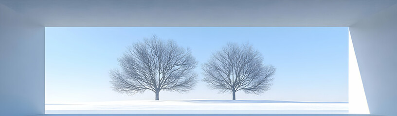 Fototapeta premium Winter trees viewed through window, minimalist room