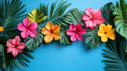 Obraz premium Vibrant Tropical Flowers and Green Leaves on Bright Blue Background for Nature and Botanical Themes
