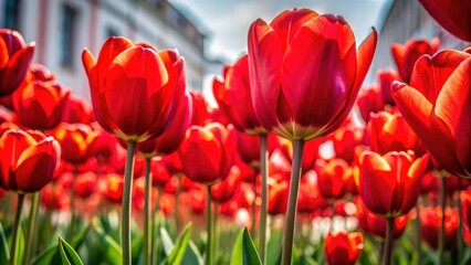 Stunning spring:  Red tulips burst from a white urban canvas, a captivating urban exploration photo.