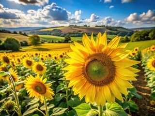 Obraz premium Stunning summer sunflowers blaze across Barlow's Derbyshire fields; a photographer's dream.