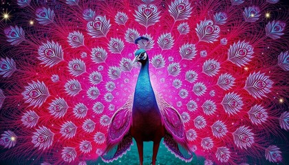 Close up of colorful peacock feathers with vibrant pink and white patterns in a beautiful display © Ayahe Stock