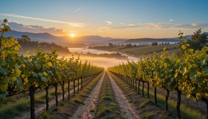 Naklejka premium Sunrise vineyard landscape napa valley photography serene wide angle nature's beauty
