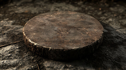 Rustic Dark Brown Wooden Stump On Dark Ground